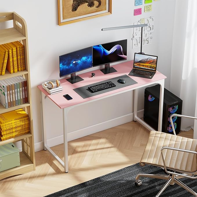 Dkelincs 47 Inch Computer Desk Home Office Desk Gaming Writing Desk Modern Simple Style Study Work Table with Metal Frame, Large Legroom, Adjustable Feet, Water-Resistant, Scratchproof Surface, Pink