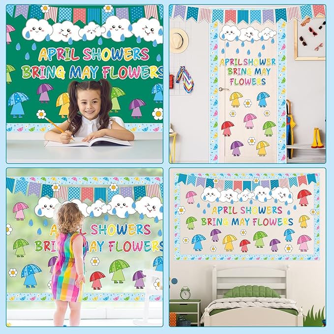 gisgfim April Showers Bring May Flowers Bulletin Board Set Spring Easter Classroom Decorations Colorful Umbrella Clouds Floral Paper Cutouts for School Home Nursery Chalkboard Door Wall Decor
