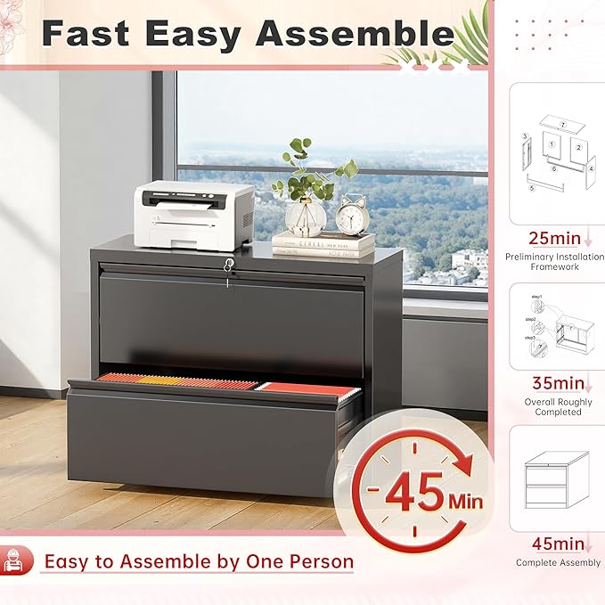 Superday Lateral File Cabinet 2 Drawer Metal File Cabinet with Lock, Black Filing Cabinets for Home Office, Locking Filing Cabinets Hanging Files Letter/Legal/F4/A4