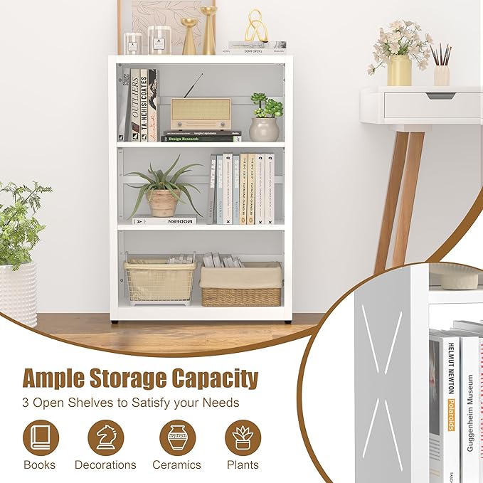 3 Tier Bookshelf, 34"Tall Metal Bookcase with Adjustable Shelves, Modern Display Book Shelf, White Bookcase Shelf, Utility Shelf, Storage Shelves for Office, Living Room, Kitchen, Study-23"W