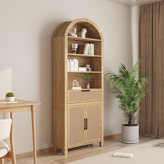 79" Tall Arched Bookcase with Storage, Mid Century Modern 6-Tier Cabinet with Door and Drawer, Arched Bookshelf with Open Display Shelf for Office Living Room (Natural, 79inch-Doors)