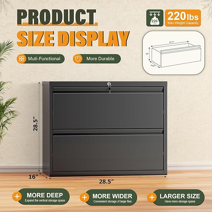 Greenvelly Lateral File Cabinet 2 Drawer, Black File Cabinet with Lock, Lockable Metal Filing Cabinet for Home Office, 2 Drawer File Cabinet for Legal/Letter/A4/F4 Size with Hanging Bars&Key
