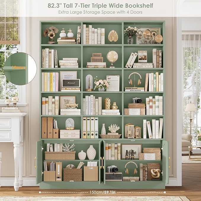 FACBOTALL 82.3" Triple Wide Bookshelf, 7-Tier Tall Bookcase with 15-Cube Open Bookshelf & 4 Doors, Large Bookshelf with Storage Cabinet, Modern Bookshelf for Living Room, Office, Study Room, Green