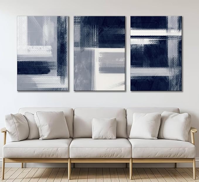 Wavkkey 3Pcs Navy Blue Abstract Canvas Wall Art Blue Grey Neutral Modern Geometric Abstract Painting Poster Wall Decor Print Artwork for Living Room Bedroom Office Home Decoration