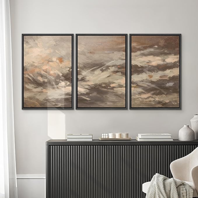 SIGNWIN Framed Canvas Print Wall Art Set Warm Earth Tone Brushstroke Abstract Illustrations Modern Art Decorative Boho Relax/Zen Nordic for Living Room, Bedroom, Office - 24"x36"x3 Black