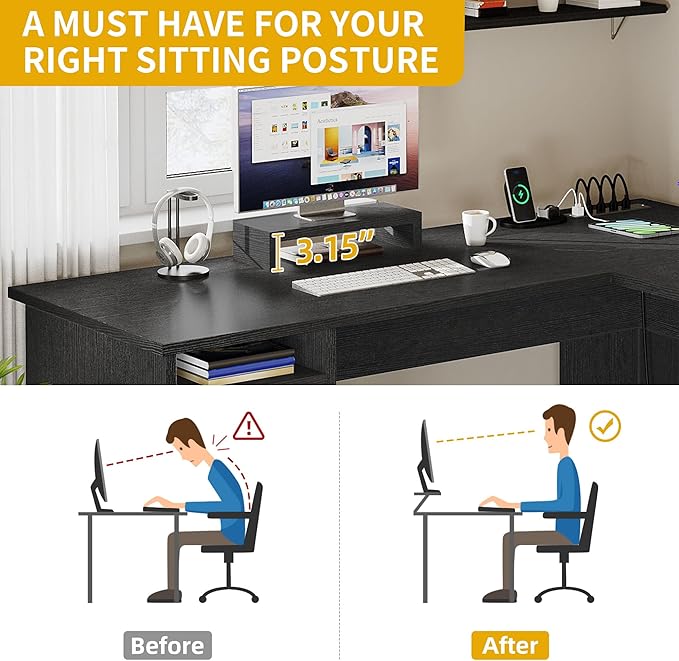 DWVO L Shaped Desk with File Drawer, 60" Corner Computer Desk with Power Outlets, Home Office Desk with Monitor Stand & Storage Shelves & File Cabinet, Black