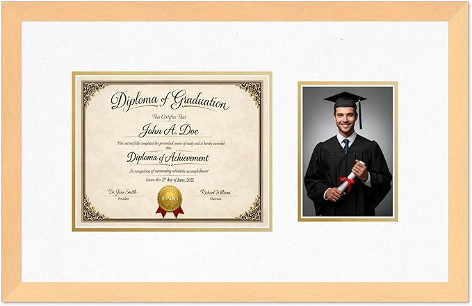 Diploma Frame With Photo Opening Natural Wood Oyster Shell Over Gold Mat - Fits 10 x 8 Degree and Picture Made in the USA