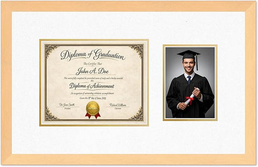 Diploma Frame With Photo Opening Natural Wood Oyster Shell Over Gold Mat - Fits 10 x 8 Degree and Picture Made in the USA