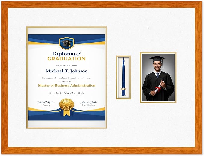 Diploma Tassel and Photo Frame Honey Oak Shadowbox Oyster Shell Over Gold Mat - Fits 11 x 14 Degree Picture Made in the USA