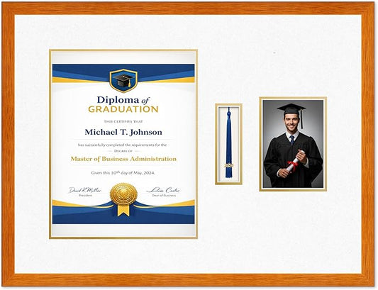 Diploma Tassel and Photo Frame Honey Oak Shadowbox Oyster Shell Over Gold Mat - Fits 11 x 14 Degree Picture Made in the USA
