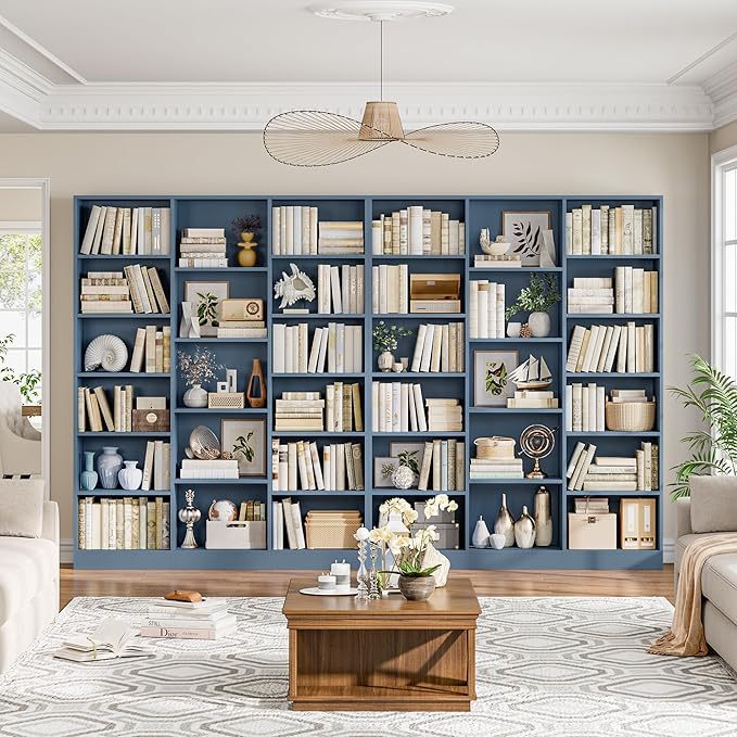 FACBOTALL Triple Wide Bookshelf, 6 Tier Large Bookshelf, Bookcase with 17 Open Display Shelves, 74'' Tall Bookcases and Bookshelves for Living Room, Home Office, Library, Blue
