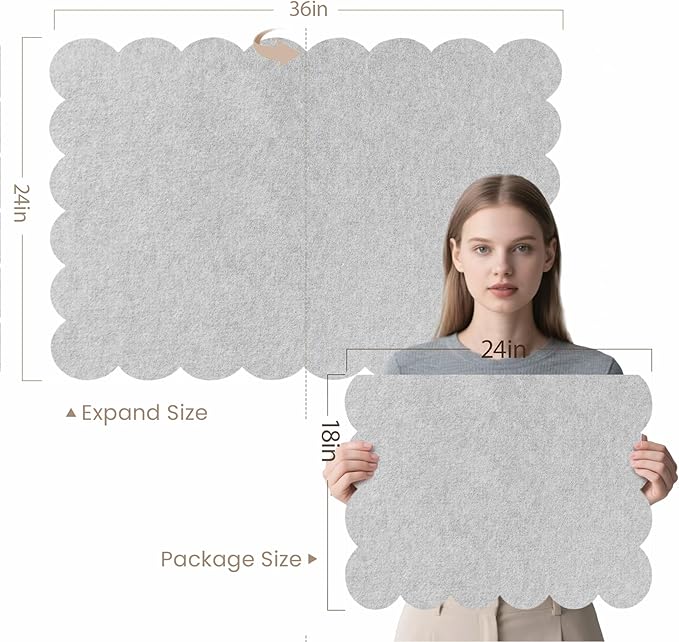 Scalloped Bulletin Board, 36 x 24 Inches Felt Pin Board - Decorative Cork Alternative for Wall, Foldable Picture Self-Adhesive Vision Prayer Board with 20 Pushpins - Light Gray