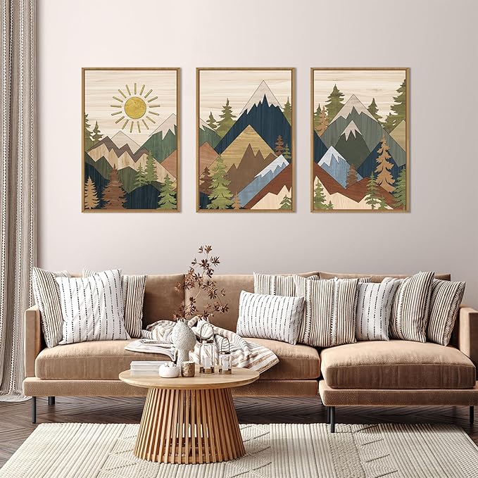 Large Abstract Mountain Woodcut Framed Canvas Wall Art,Vintage Pine Tree Wall Decor,Rustic Nature Forest Painting,Neutral Artwork for Living Room,Bedroom,Dining Room,Farmhouse -16"x24"x3