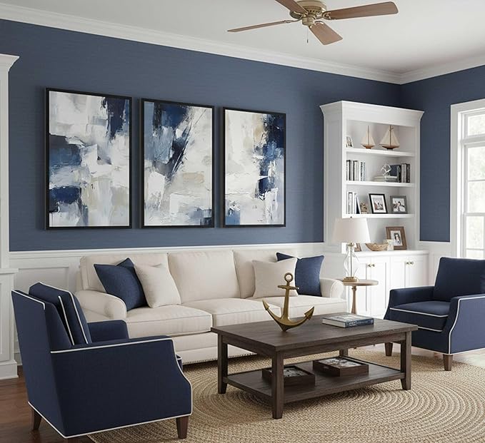 3pcs Navy Blue Abstract Canvas Wall Art Modern Minimalist Neutral Blue White Painting Picture Wall Decor Posters Prints Artworks for Living Room Bedroom Office Home Decoration Unframed
