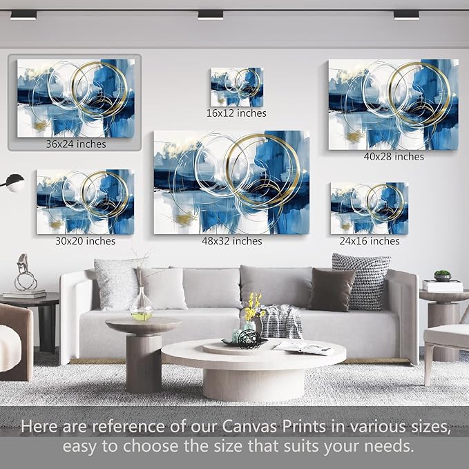 gaosoul Minimalist Abstract Canvas Wall Art Blue and Gold Doodles on White Background Painting Prints Stylish Framed Artwork for Living Room Bedroom Office Decor 36x24in