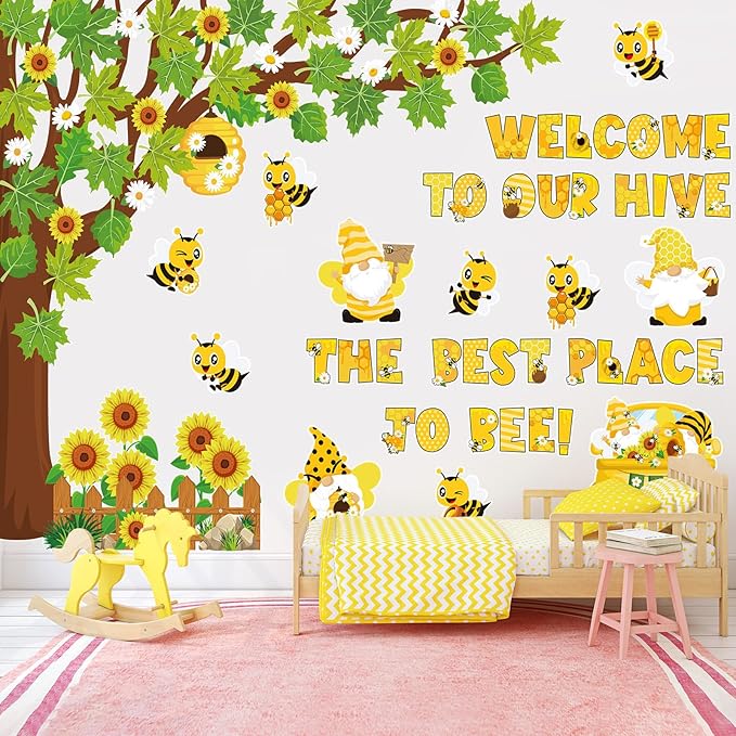 Pajean 104 Pcs Classroom Tree Bulletin Board Set Bee Sunflower Bulletin Boards Decoration Cutouts Spring Summer Tree Leaves Cutout for Classroom Window Wall Home Office School Decor