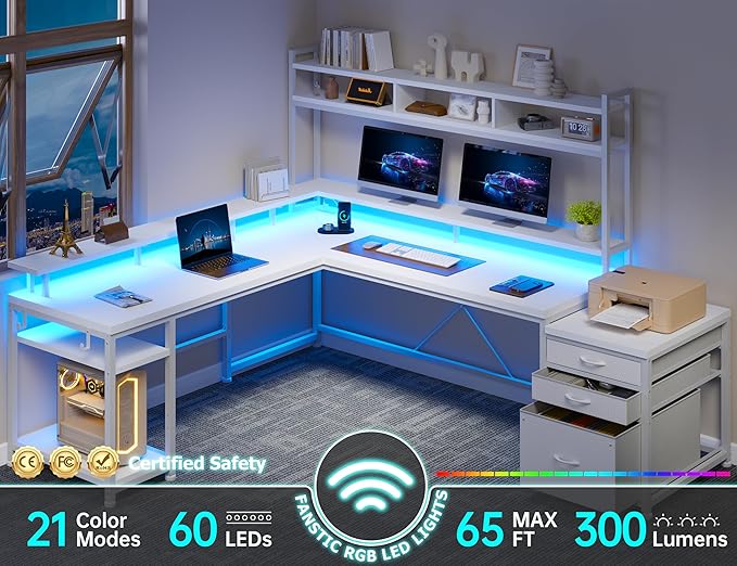 EnHomee 64 x 60 Inches L Shaped Desk with Hutch and Drawers, Gaming Desk with Power Outlet & Monitor Stand & LED Lights, Computer Corner Desk, Two Person Office Desk for Living, Gaming Room, White