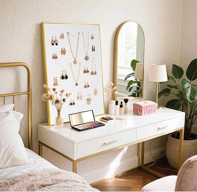 Linen Bulletin Board 24 x18 Inches, White Cork Board for Wall, Gold Aluminum Framed Fabric Pin Board Tack Board, 10 Push Pins, White Linen