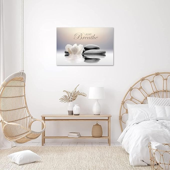 Zen Stone Canvas Wall Art Just Breathe Yoga Quotes Poster for Spa Decor White Lotus Flower Pictures Prints for Bathroom Modern Spiritual Artwork Framed (12 x 16inches)