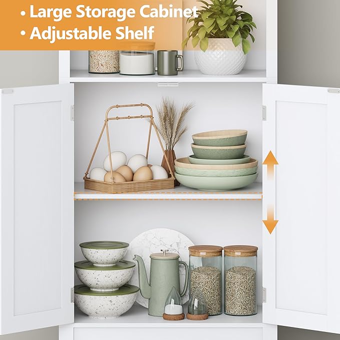Bookshelf with Doors, 71" Tall Wood Book Shelf with Cabinet, 24" Wide Arched Bookcase with Adjustable Shelf, Floor Standing Display Storage Cabinet for Home Office, Study and Living Room, Modern White