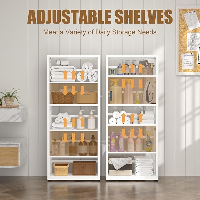 5 Tier Bookshelf, 55"Tall Metal Bookcase with Adjustable Shelves, Modern Display Book Shelf, White Bookcase Shelf, Utility Shelf, Storage Shelves for Office, Living Room, Kitchen, Study-23"W