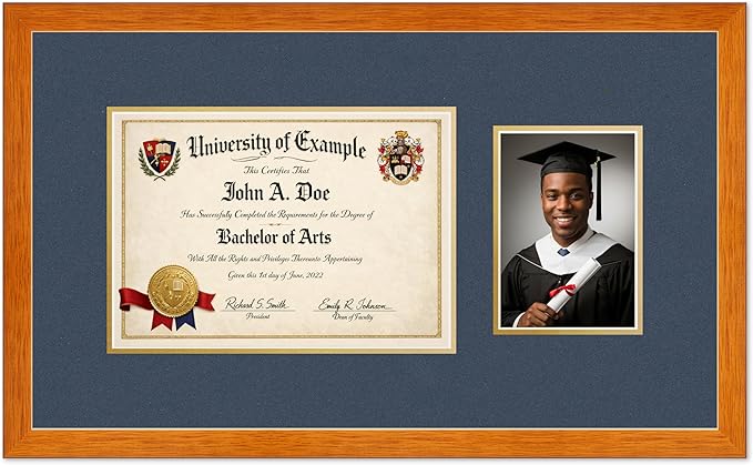 CountryArtHouse Fits 11.69 x 8.27 A4 Certificate and 5 x 7 Photo Diploma and Photo Frame Honey Oak Genuine Hardwood with Navy Blue Over Metallic Gold Double mat