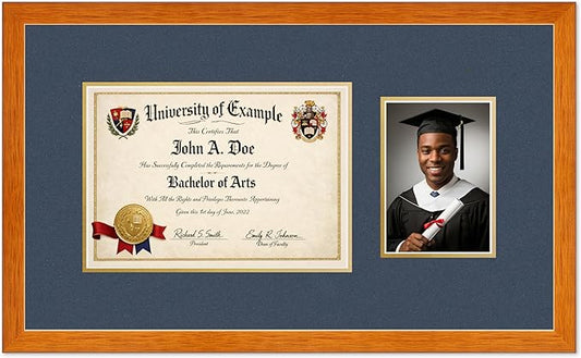 CountryArtHouse Fits 11.69 x 8.27 A4 Certificate and 5 x 7 Photo Diploma and Photo Frame Honey Oak Genuine Hardwood with Navy Blue Over Metallic Gold Double mat