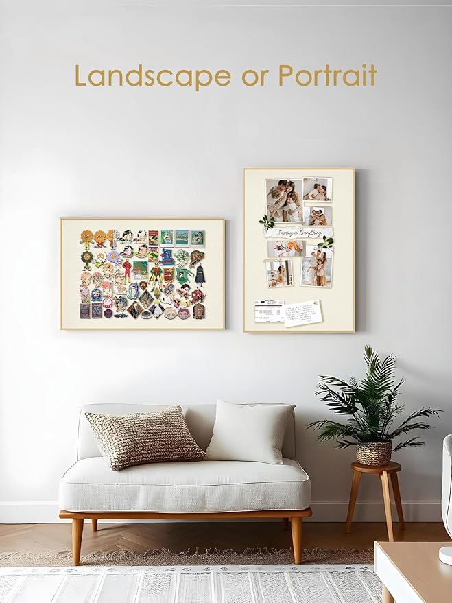Bulletin Board 30 x 20 inches, Oatmeal White Pin Board Vision Board, Golden Aluminum Framed Fabric Cork Board with 10 Push Pins