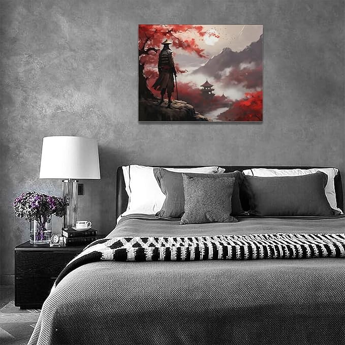 yerretin Japanese Bushido Wall Art Samurai Pictures Wall Decor Ancient Japan Warrior Canvas Landscape Painting Home Decoration Artwork for Bathroom Bedroom Living Room Office Framed 16"x12"