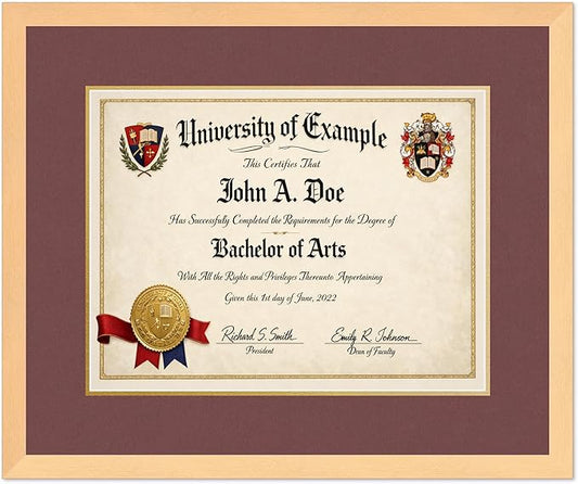 CountryArtHouse Diploma Frame Fits 17 x 13 International Diploma - Keepsake Graduation Display Natural Wood Genuine Hardwood with Dark Red Over Metallic Gold Double mat