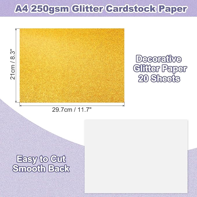 PATIKIL 20Sheets Gold Glitter Cardstock, 8.3x11.7 in A4 Glitter Paper Card Stock Shiny Scrapbook 250gsm Sparkly Paper Large Shimmer for Crafts Scrapbook DIY Art Wedding Party