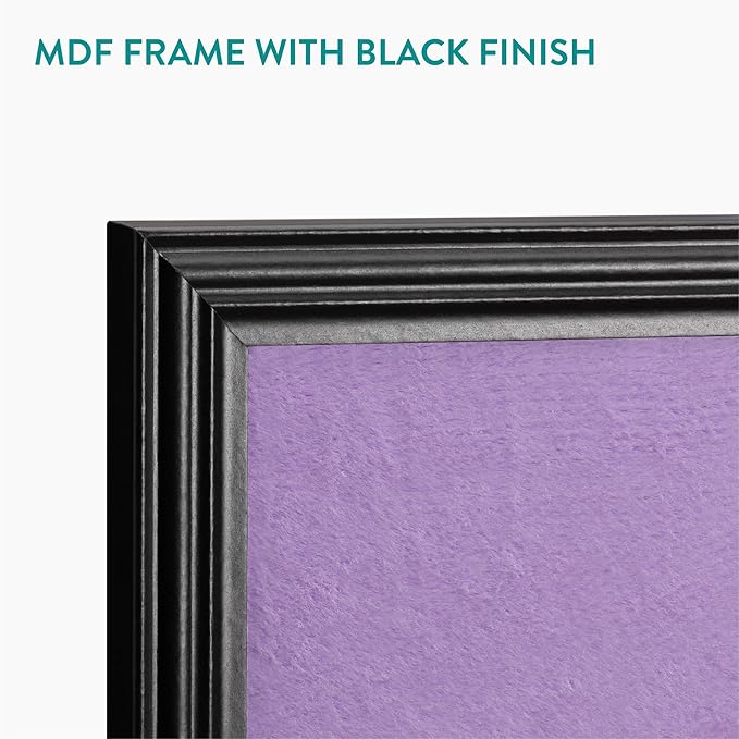 Navaris Framed Fabric Bulletin Board - 18 x 24 inches Plush Jewelry Organizer Pinboard for Wall - Memory Memo Pin Board - Purple with Black Frame