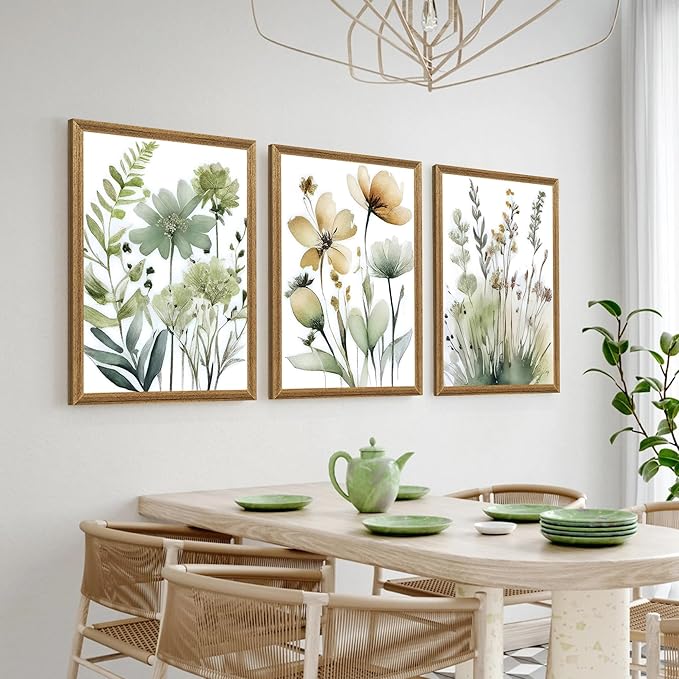 SYWENNOI 3 Pieces Wood Framed Green Botanical Canvas Wall Art, Boho Floral Watercolor Art Wall Decor, Minimalist Flower Pictures Poster Prints for Bedroom Bathroom Living Room Ready to Hang 20x30 In