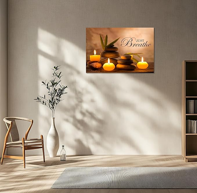 YIOZHAOFH Zen Wall Decor Just Breathe Motivational Bathroom Wall Art Yoga Room Poster for Women Spa Picture Painting Spiritual Artwork Framed for Living Room Ready to Hang (20L x 30W)