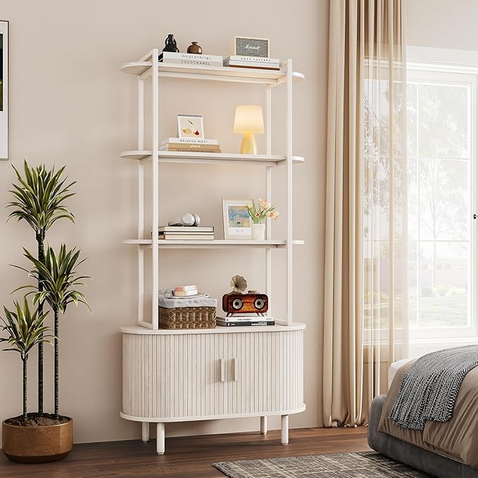 5 Tier Tall Bookshelf with Cabinet, Fluted Bookcase with Sliding Door, Metal and Wood Display Shelf, Free Standing Storage Shelving Unit, Corner Storage Organizer for Living Room, Home Office, White
