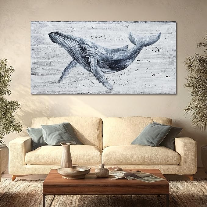 ZUNARE Modern Abstract Whale Canvas Wall Art Deep Blue Ocean Animal Posters Picture Minimalist Nautical Artwork for Living Room Bedroom Office Wall Decor 24x48 inch
