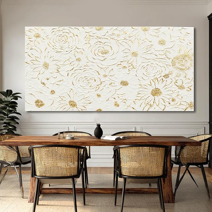 YJYart White Minimalist Wall Art, Canvas Textured Painting,Gold Flowers Floral Modern Abstract Art Wall Decor for Bedroom,Living Room And Office Hallway 29"x58"