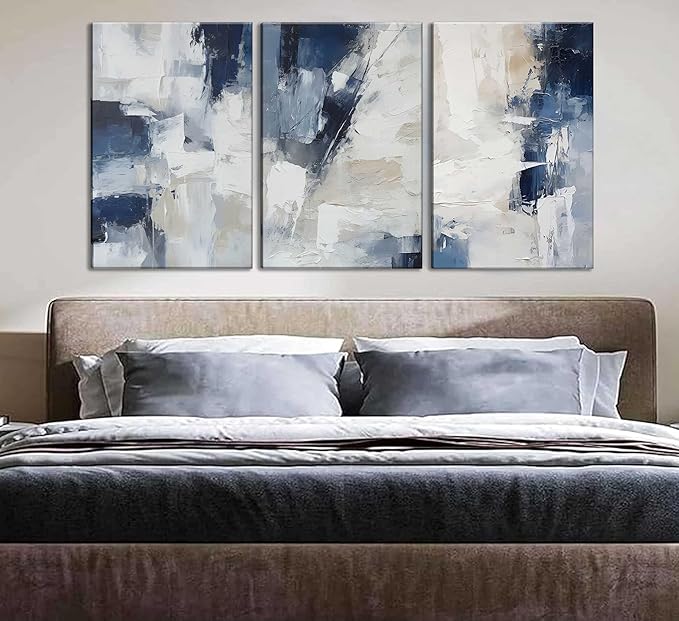 3pcs Navy Blue Abstract Canvas Wall Art Modern Minimalist Neutral Blue White Painting Picture Wall Decor Posters Prints Artworks for Living Room Bedroom Office Home Decoration
