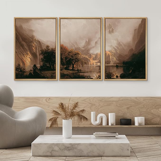 SIGNWIN Framed Canvas Print Wall Art Set Dramatic Mountain Valley Lake Landscape Illustrations Modern Art Decorative Nordic Abstract for Living Room, Bedroom, Office - 24"x36"x3 Natural