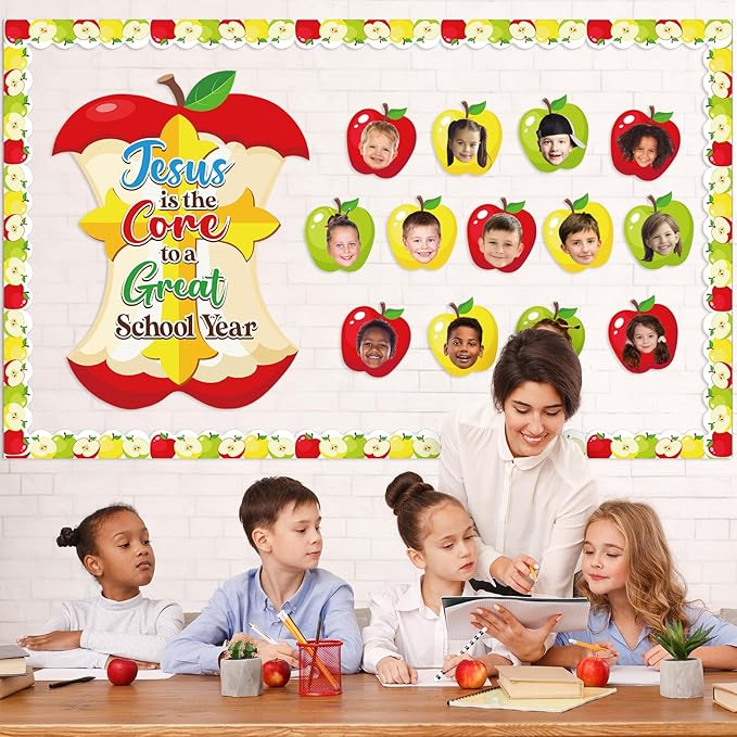 Pajean Christmas Jesus Bulletin Board Christian Religious Classroom Decor Jesus is The Core to a Great School Year Apple Bulletin Board for Xmas Sunday School Church Window Door Wall Teacher Supplies