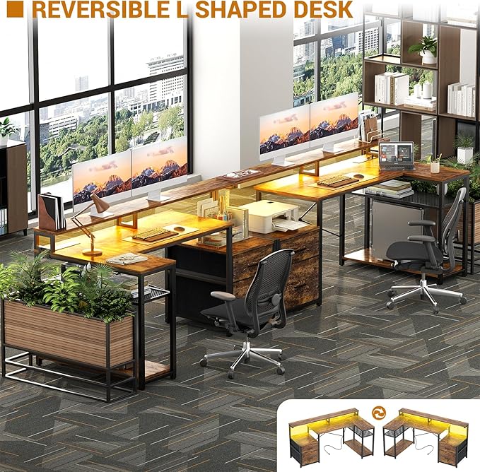 Aheaplus L Shaped Desk with File Drawer, Reversible L Shaped Computer Desk Gaming Desk with Power Outlet & LED Strip, Home Office Desk Corner Desk with Monitor Shelf, Storage Shelves, Rustic Brown