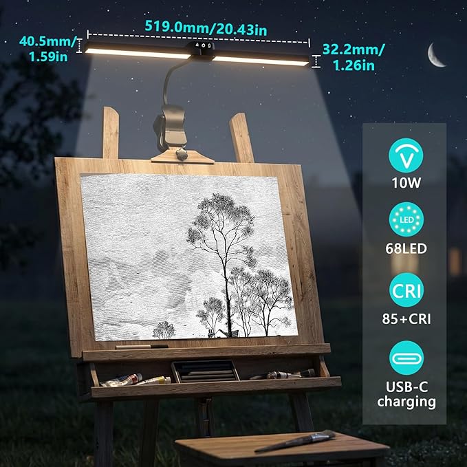 Rechargeable Clip-on Easel Light for Painting, 64 LEDs 4 Color Modes 3 Brightness, Eye-Care Desk Lamp Cordless Easel Lamp for Artists Drawing Art Studio, Memory Function & Touch Control