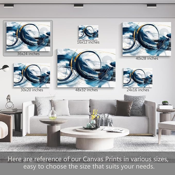 gaosoul Modern Abstract Canvas Wall Art Dynamic Blue Gold Lines Doodled on White Background Paintings Framed Minimalism Artwork Prints for Living Room Bedroom Office Decor 36x24in