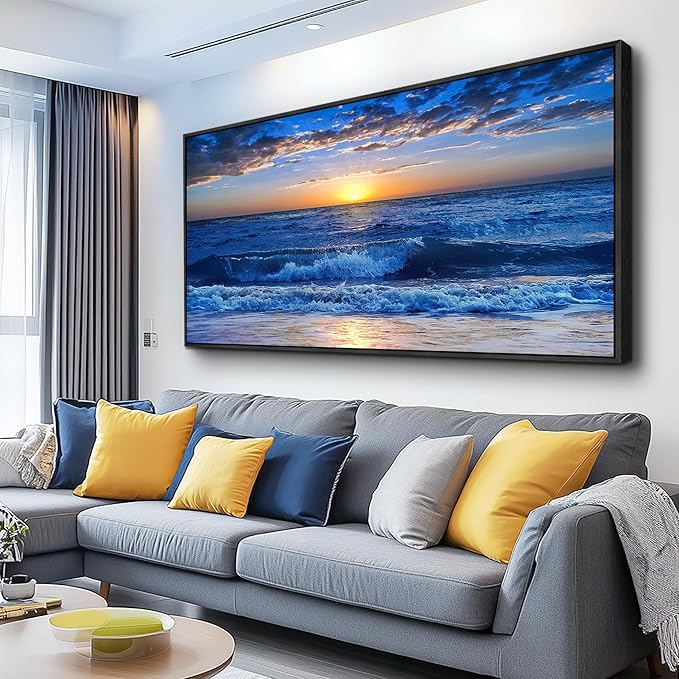 Sea Beach Framed Canvas Wall Art For Living Room Large Size Wall Decor For Bedroom Office Decor Blue Ocean Wall Pictures Artwork Sunny Sea View Wave Painting Home Decorations Black Framed 24" X 48"