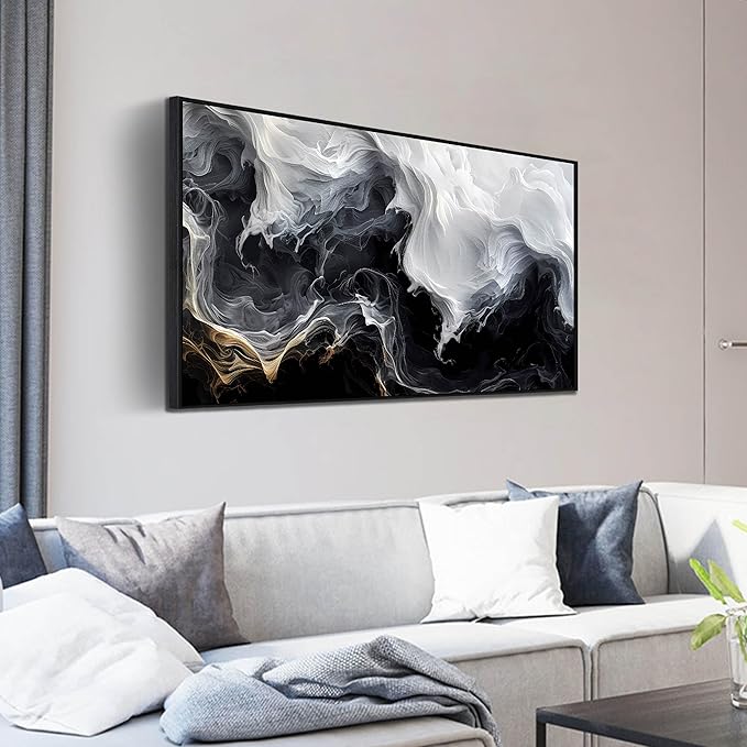 AOZEMI White Wall Art Black Pictures Art Abstract Wall Decor for Bedroom Office Modern Foggy Artwork 24"x 48"