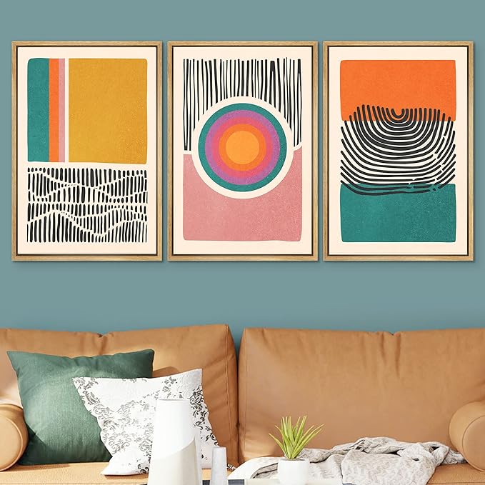 SIGNWIN Framed Canvas Print Wall Art Set Mid-Century Multicolor Color Block Shape Abstract Geometric Illustrations Graffiti & Street Art Modern Art for Living Room, Bedroom, Office - 24"x36"x3 NATURAL