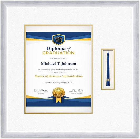 Diploma Frame with Tassel Holder 20.25 x 20 Stainless Silver Shadowbox Oyster Shell Over Gold Mat - Fits 10 x 13 Degree Made in the USA