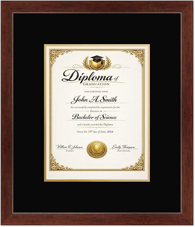 CountryArtHouse Diploma Frame Fits 8.5 x 11 Certificate (Portrait) - Keepsake Graduation Display Rustic Walnut Genuine Hardwood with Black Over Metallic Gold Double mat