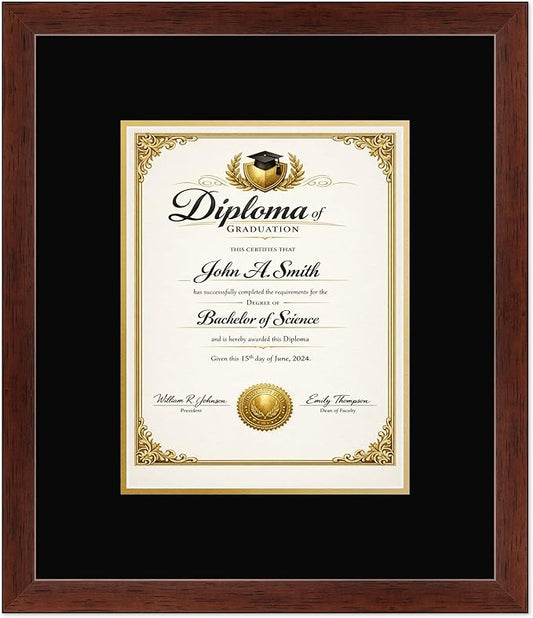 CountryArtHouse Diploma Frame Fits 8.5 x 11 Certificate (Portrait) - Keepsake Graduation Display Rustic Walnut Genuine Hardwood with Black Over Metallic Gold Double mat