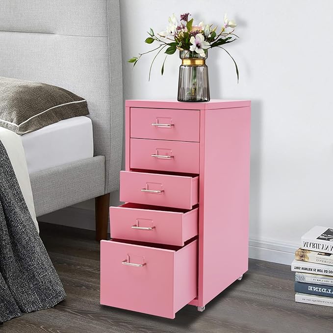Metal File Storage Cabinet, 5 Drawer Vertical Filing Cabinets with Wheels Under Desk Storage Drawers, 11 * 16.1 * 27.1in Mobile File Cabinets Under Desk Cabinet for Bedroom, Office (Pink)